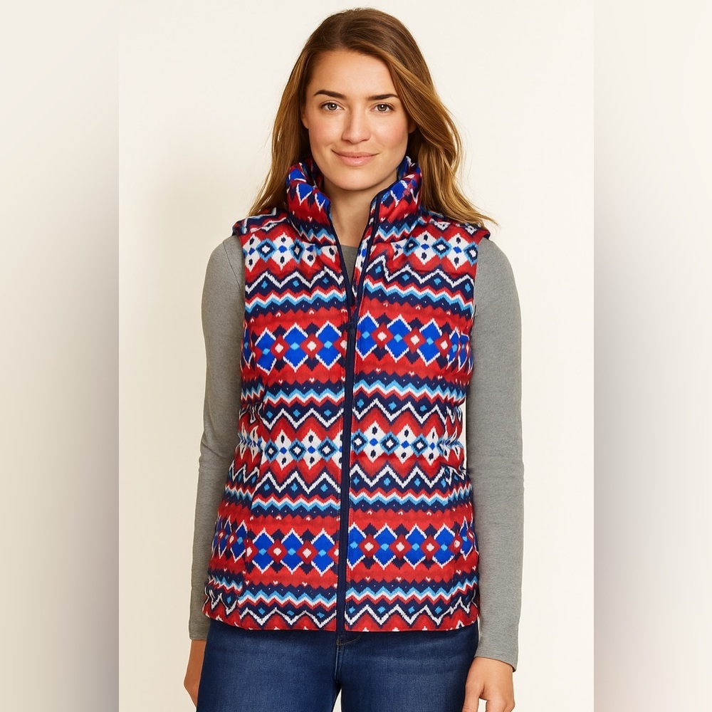 Lands’ End Red Blue Aztec Print Puffer Vest‎ Women’s 1X
